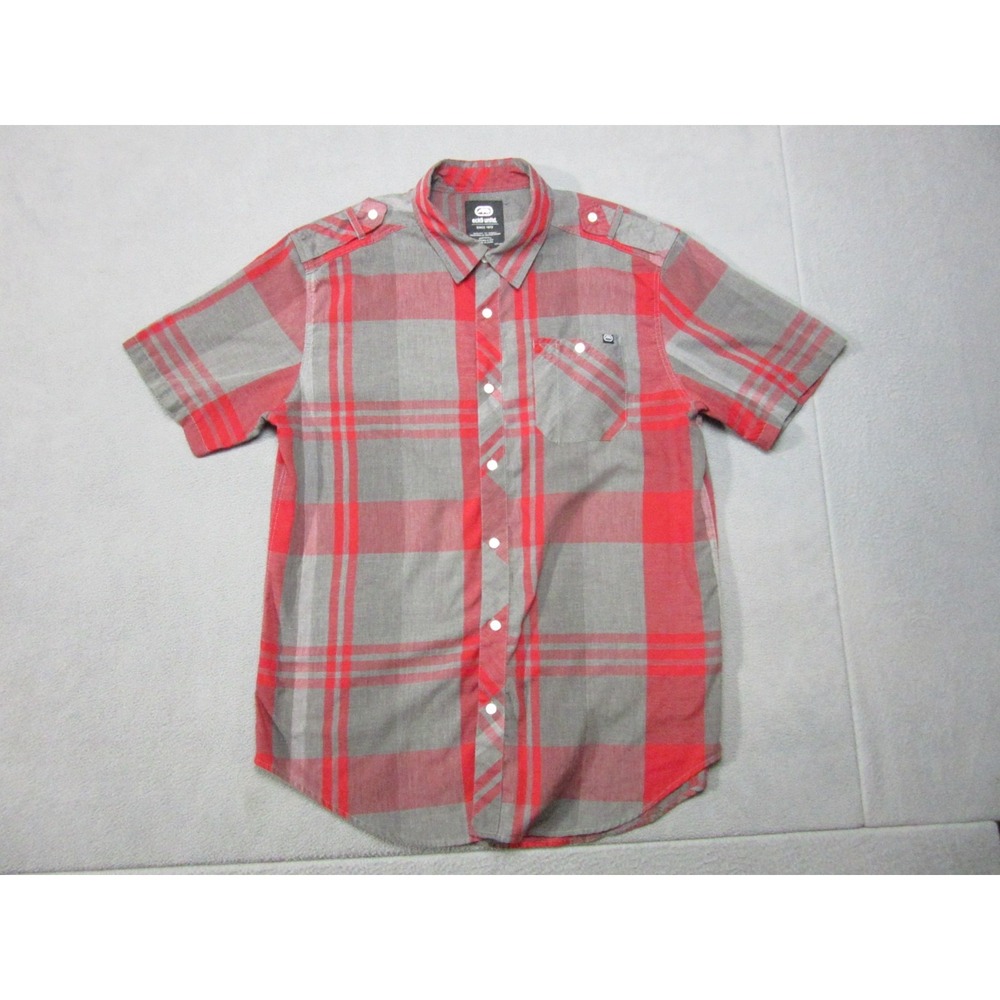 Ecko Shirt Mens Large Gray Red Plaid 90s Y2K Hip Hop Short Button Up Utility